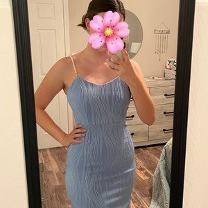 Light Blue Wavy Pearl-Strap Bodycon Midi Dress, Size Small